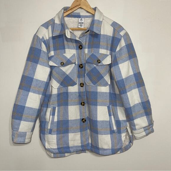 Members Mark Plaid Flannel Sherpa Lined Jacket Shacket Blue White Size S - Picture 1 of 6